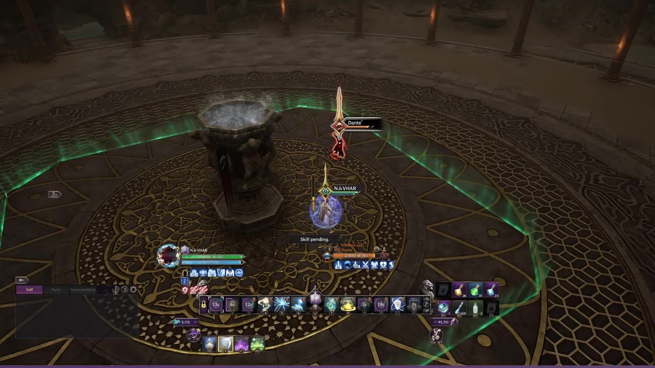 A Templar character in combat with another character, displaying defensive abilities on a decorated circular floor.