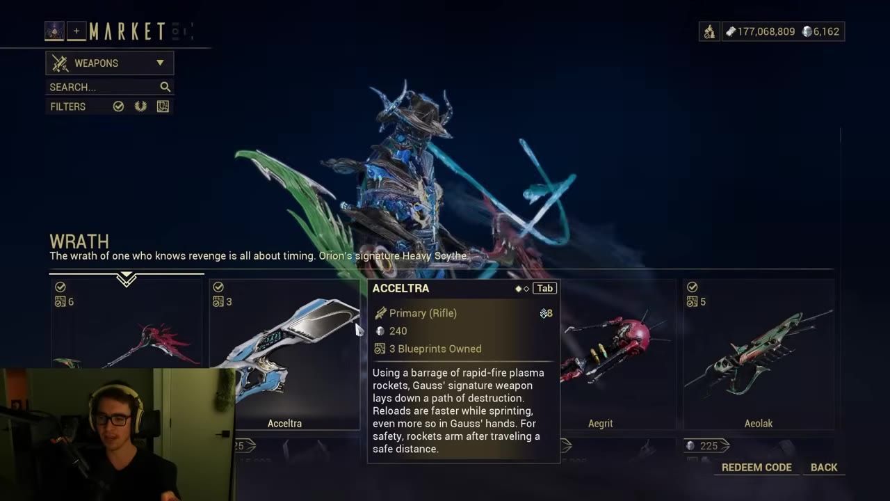 The Market interface displaying items with blueprints available.
