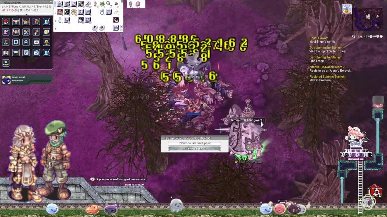 In-game screenshot of a player in a dark purple forest with combat and quest information on the screen.