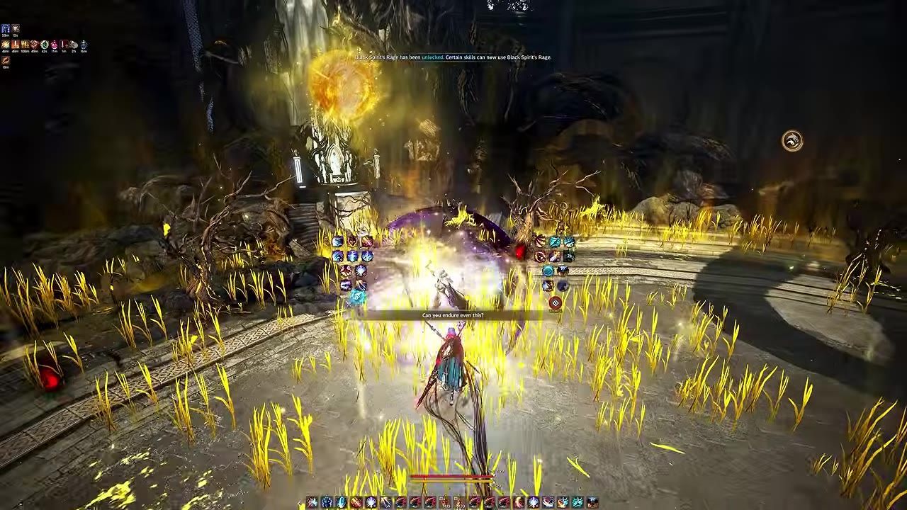A character performs a powerful energy attack amidst glowing effects in a fantasy environment.