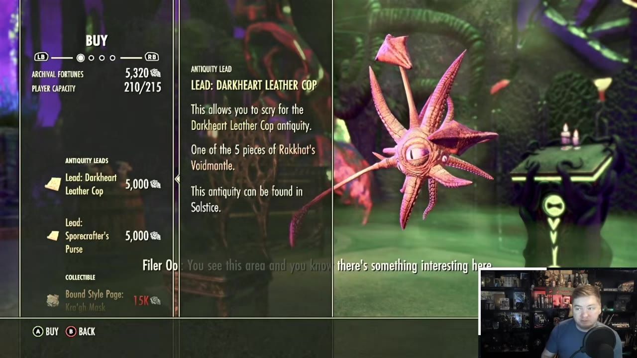 Weekly vendor screen showing antiquity leads, including Lead: Darkheart Leather Cop and its description in detail.
