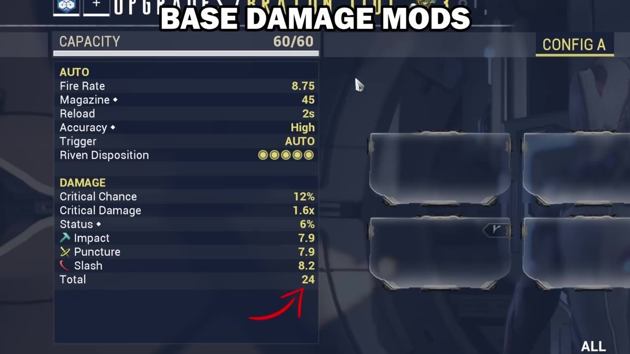 An upgrade menu showing damage statistics and mod slots.