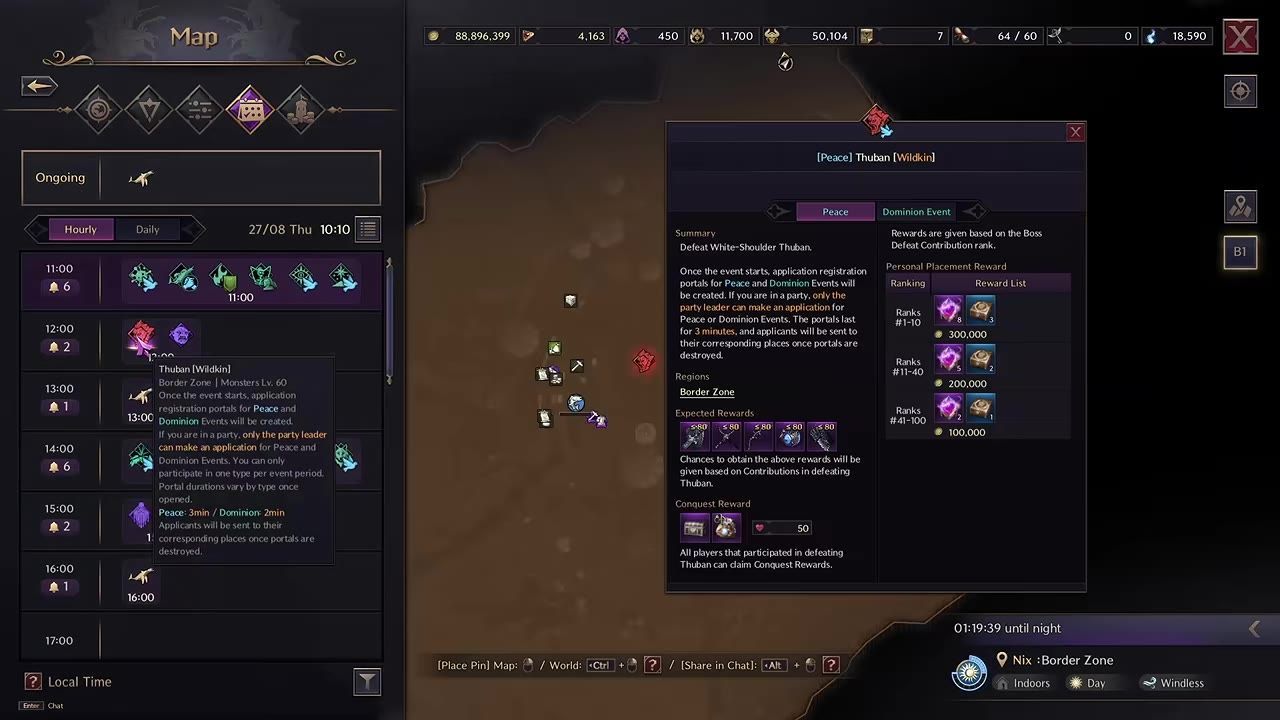 A game map interface displaying information about an upcoming field boss named Thuban with associated rewards and events.