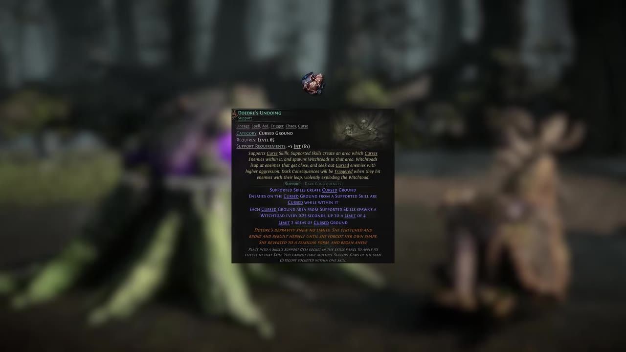 Detailed tooltip description with statistics and abilities for Doedre's Undoing support item in a game.
