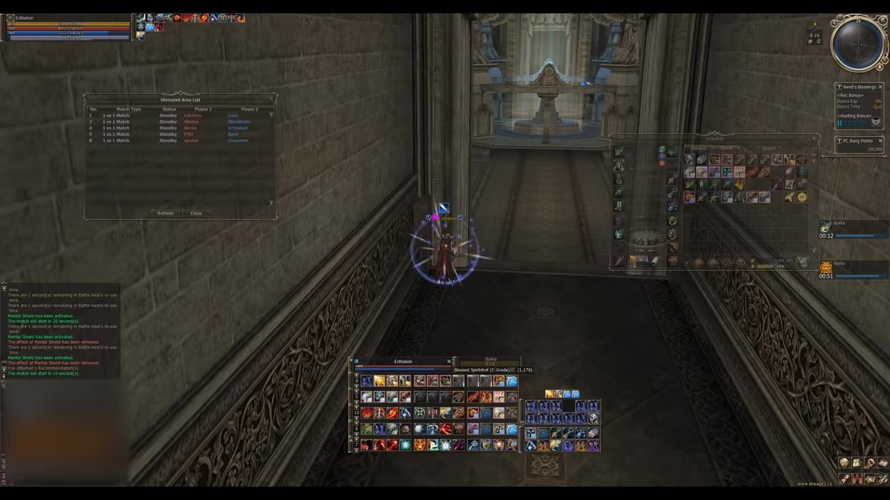A game interface showing a menu titled 'Olympiad Area List', player inventory, and character environment.