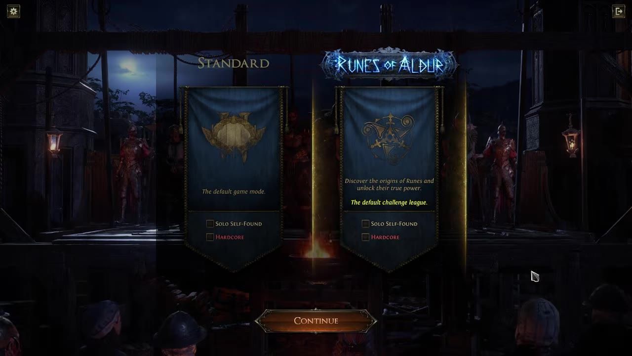A league selection screen with options for Standard mode and Runes of Aldur challenge league.