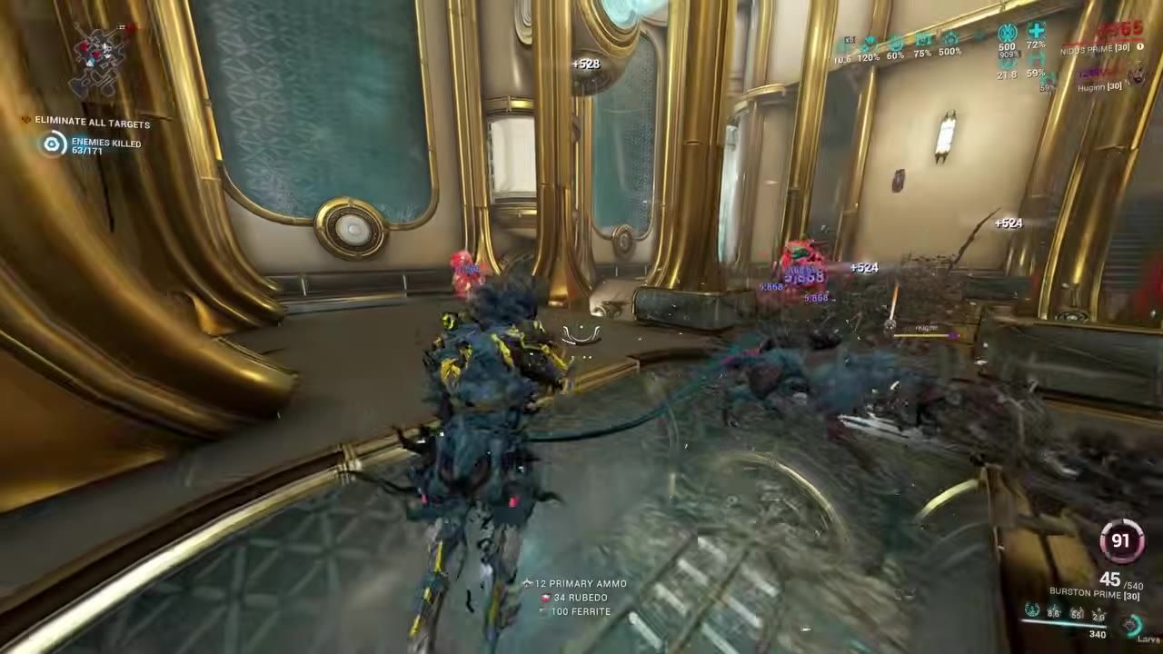 A gameplay screen showing Nidus Prime in combat, with health and stats displayed on the HUD.
