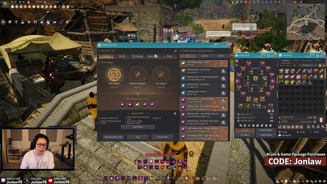 The in-game Reforge Stones menu is visible, displaying options for weapons and selected reforge stones.