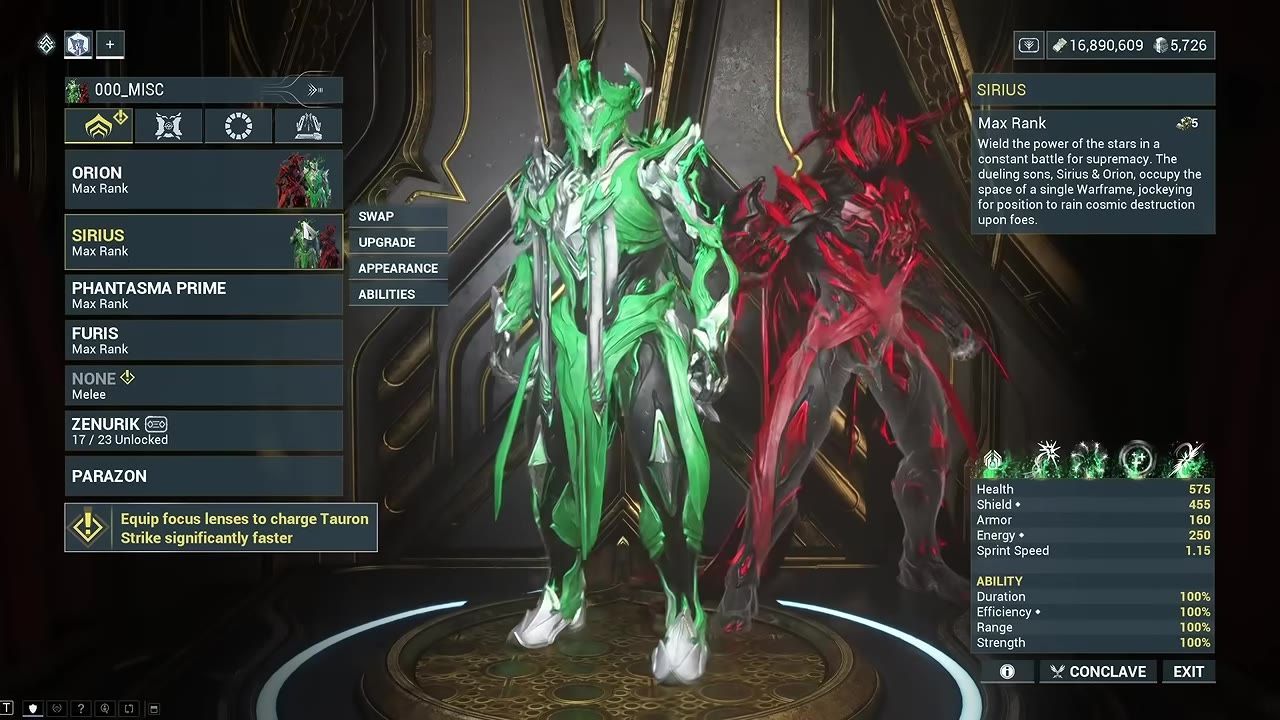 Game screen showing the loadout menu with detailed information for Sirius and Orion characters.