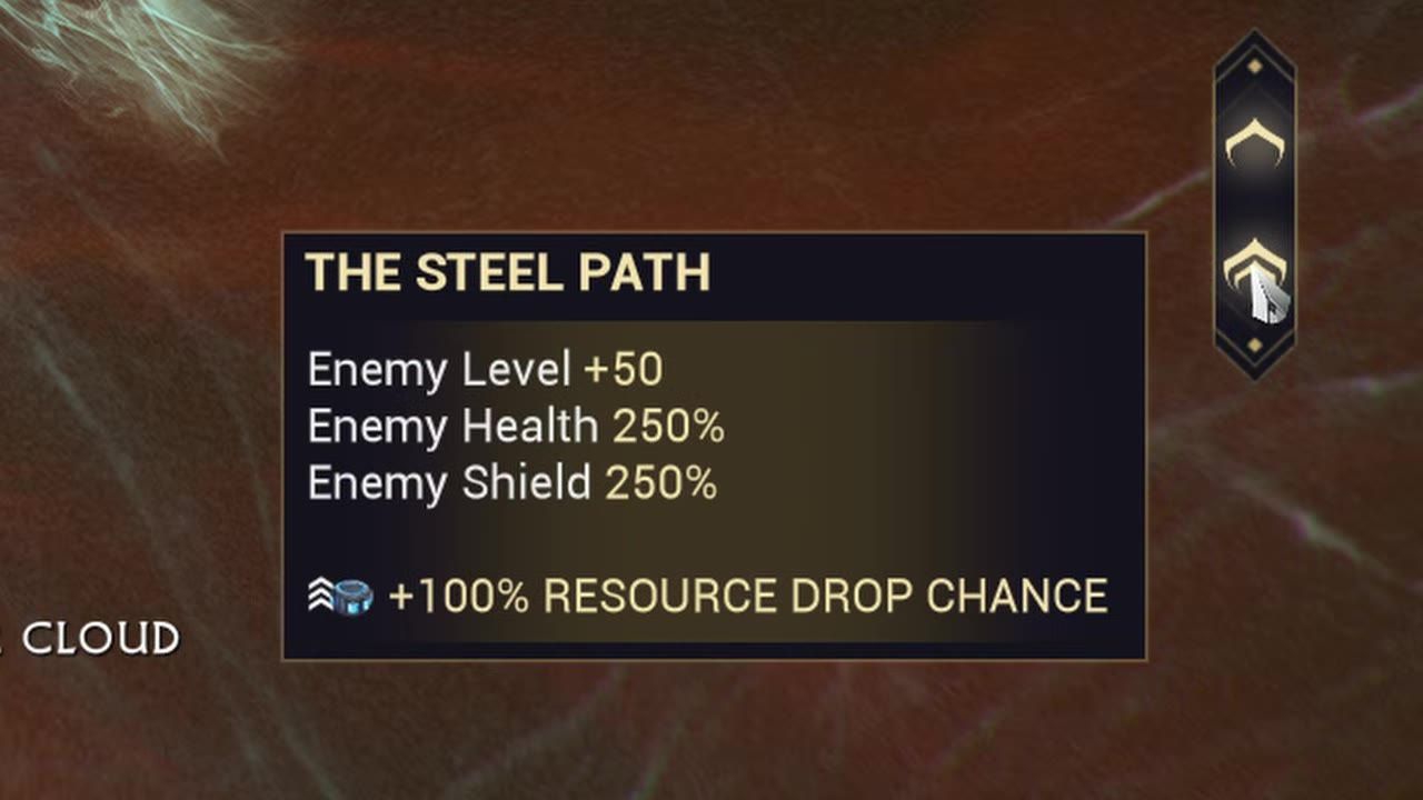 Interface showing Steel Path difficulty modifiers including enemy level increase and resource drop chance.