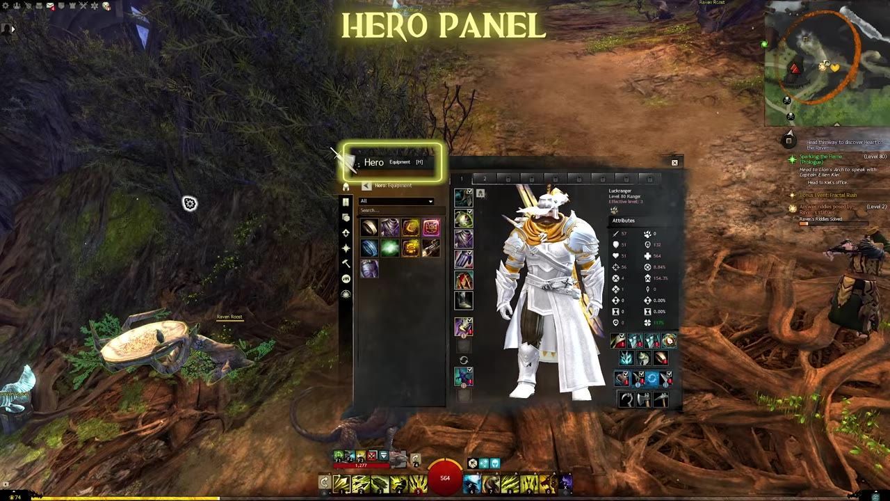 Game interface showing the hero panel with character stats and equipment details.