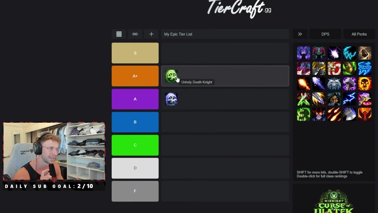 A tier list from TierCraft.gg showing Unholy Death Knight in the A+ tier.