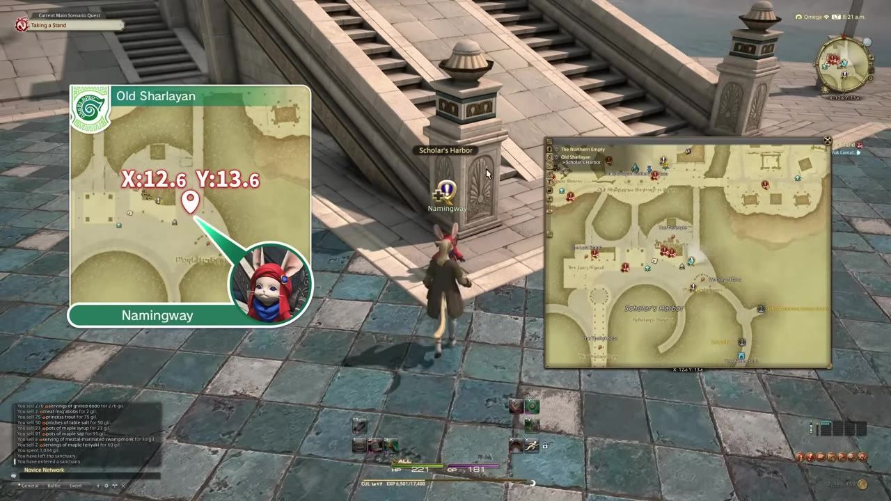 The in-game screen shows an NPC named Namingway in Old Sharlayan with their location marked on the map.