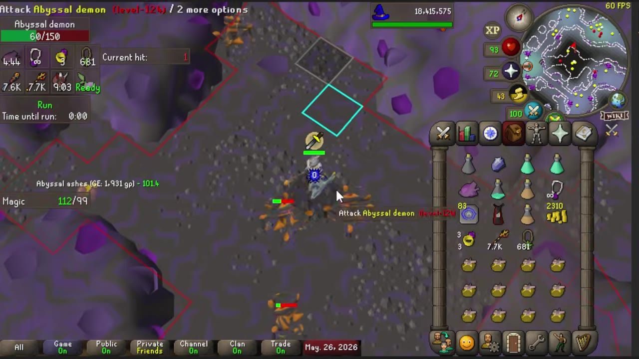 Player character standing near Abyssal Demon in a combat zone with game UI visible.