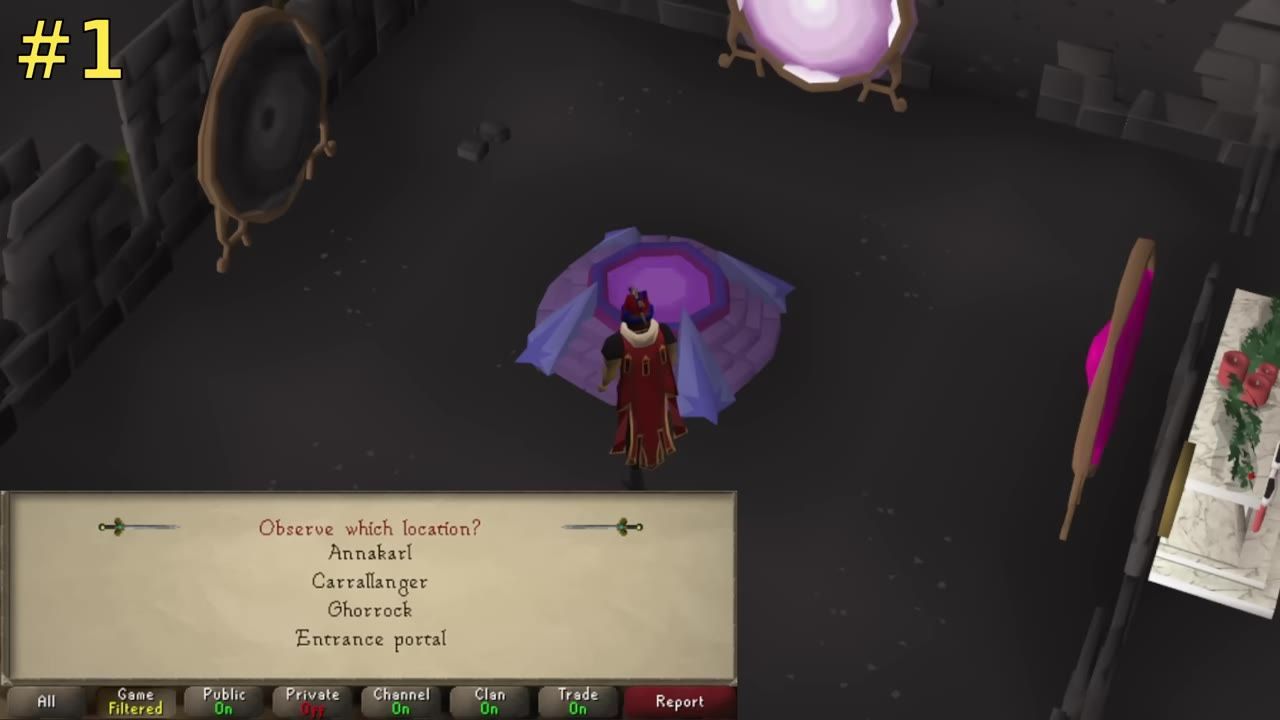 A character standing near a scrying pool with a teleport menu displayed showing location options.