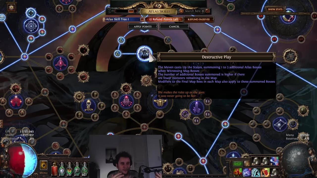 Image showing the Destructive Play keystone highlighted in the Atlas passive tree with its tooltip description visible.