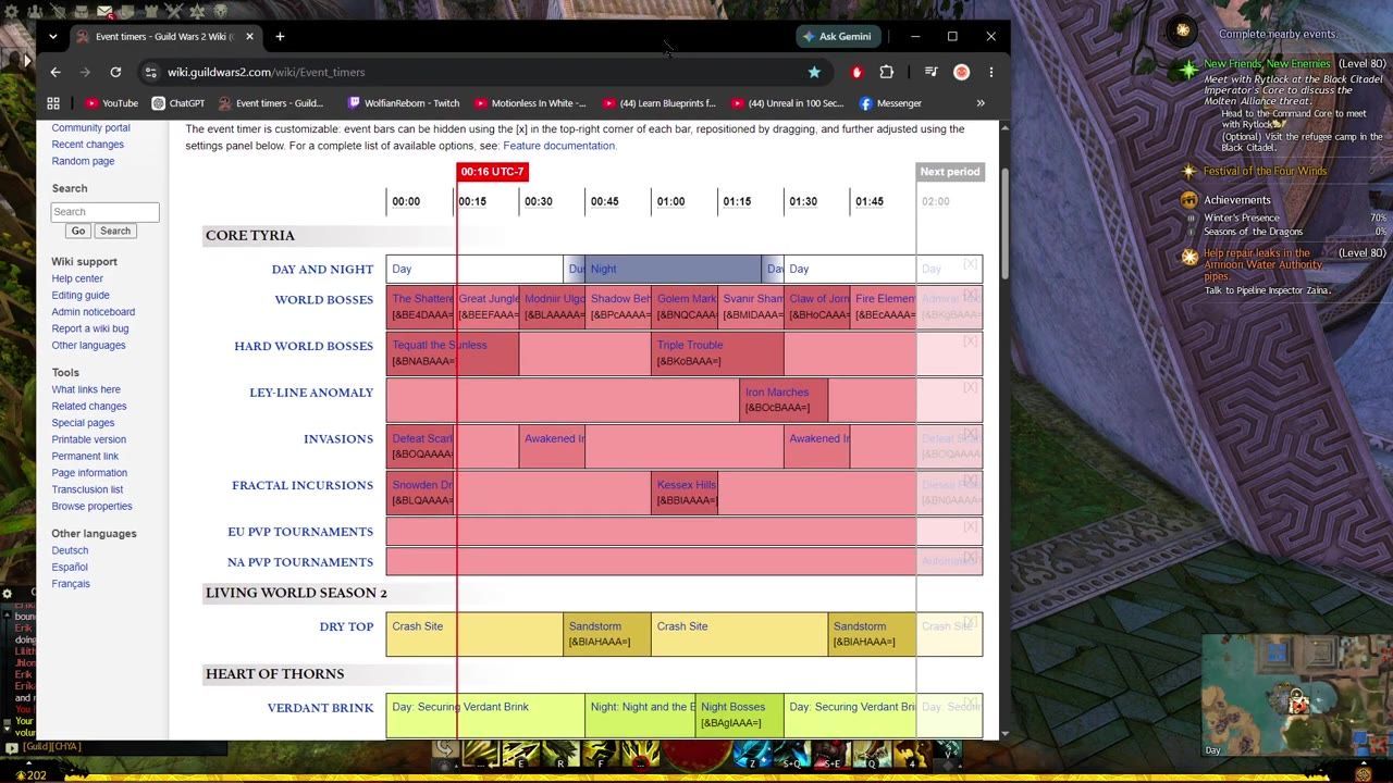 A web page displaying an event timer with times and active events in a grid format.