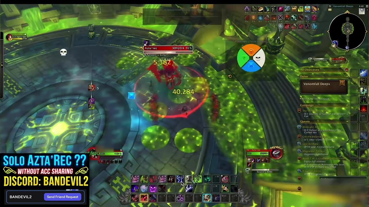Gameplay interface showing the Snake Says addon highlighting zones with a color wheel and markers.