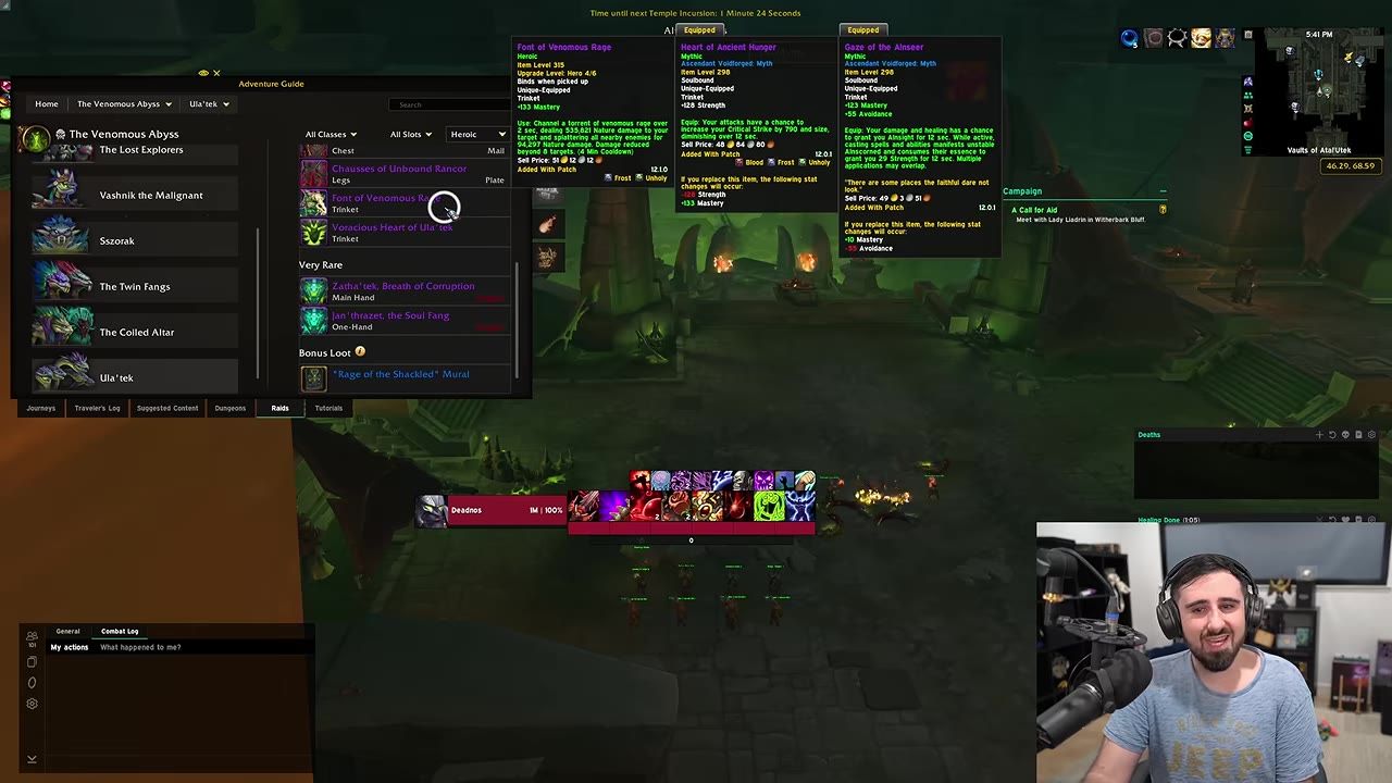 A World of Warcraft raid UI is open with an Adventure Guide loot list and item tooltips showing equipment choices over a dungeon or raid scene.