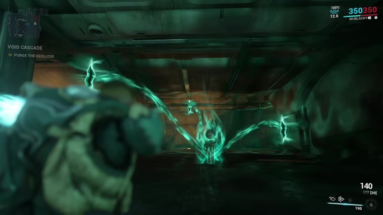 A depiction of the Exalizer surrounded by glowing green Void Rifts in a darkened environment.