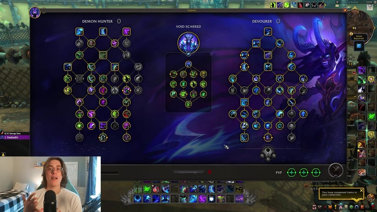Gameplay screenshot showing the talent selection screen, with Void-Scarred as the central build option.