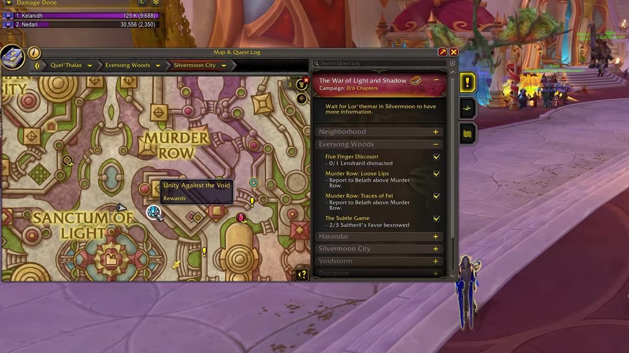 A quest menu and map interface in a game, showing the 'Unity Against the Void' quest in Silvermoon.