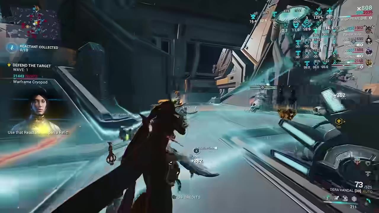 Gameplay screen showing Wisp fighting enemies in Warframe with UI elements visible.