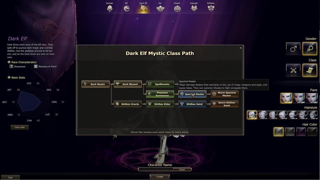 A Dark Elf Mystic class path screen with the Wynn Spectral Master subclass highlighted.