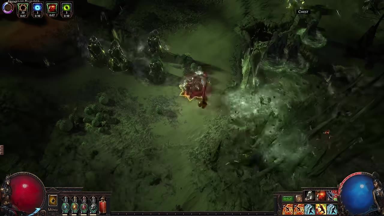 A player character is near an abyssal pit, glowing effects are visible on the ground indicating activity.