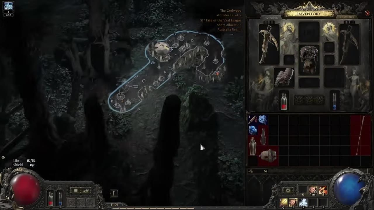 Game screen showing the map overlay of the Grim Tangle zone and inventory menu.