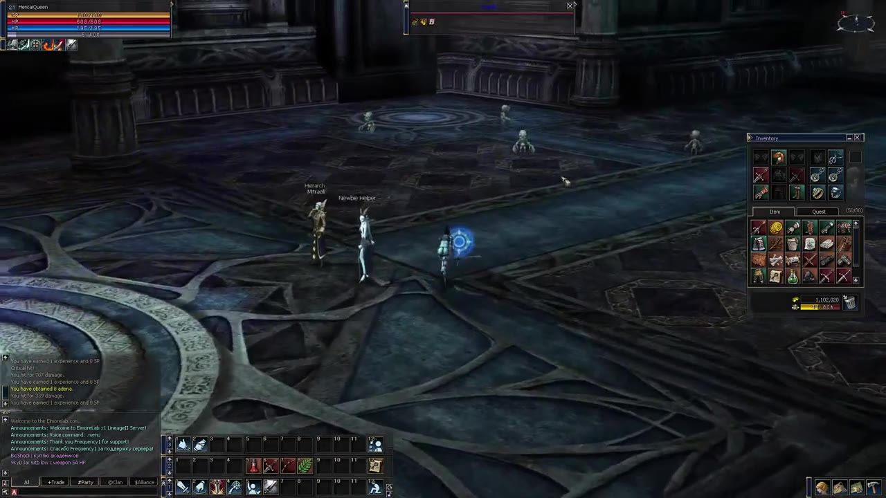 A character stands in a dark dungeon room near several small skeleton enemies, with the inventory and chat windows open.