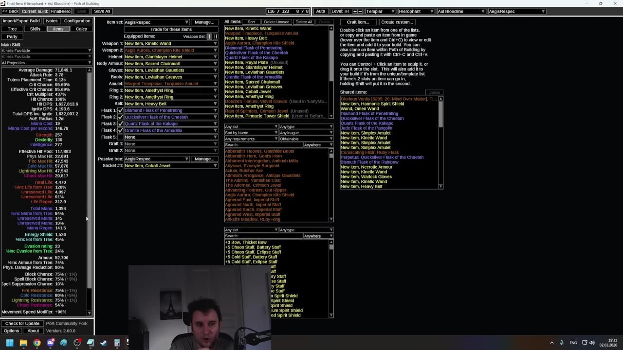 Character screen in Path of Building with equipped items and statistics displayed.