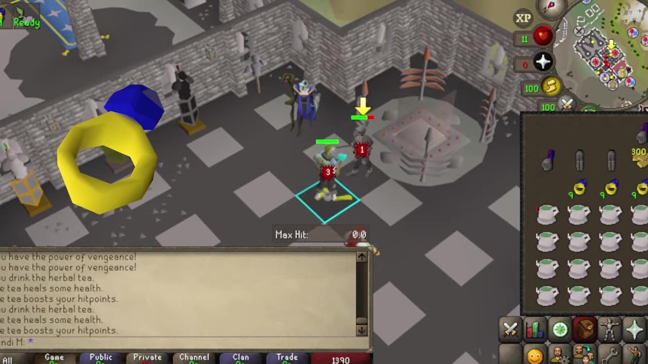 A player character fighting an animated armor in a medieval game room.