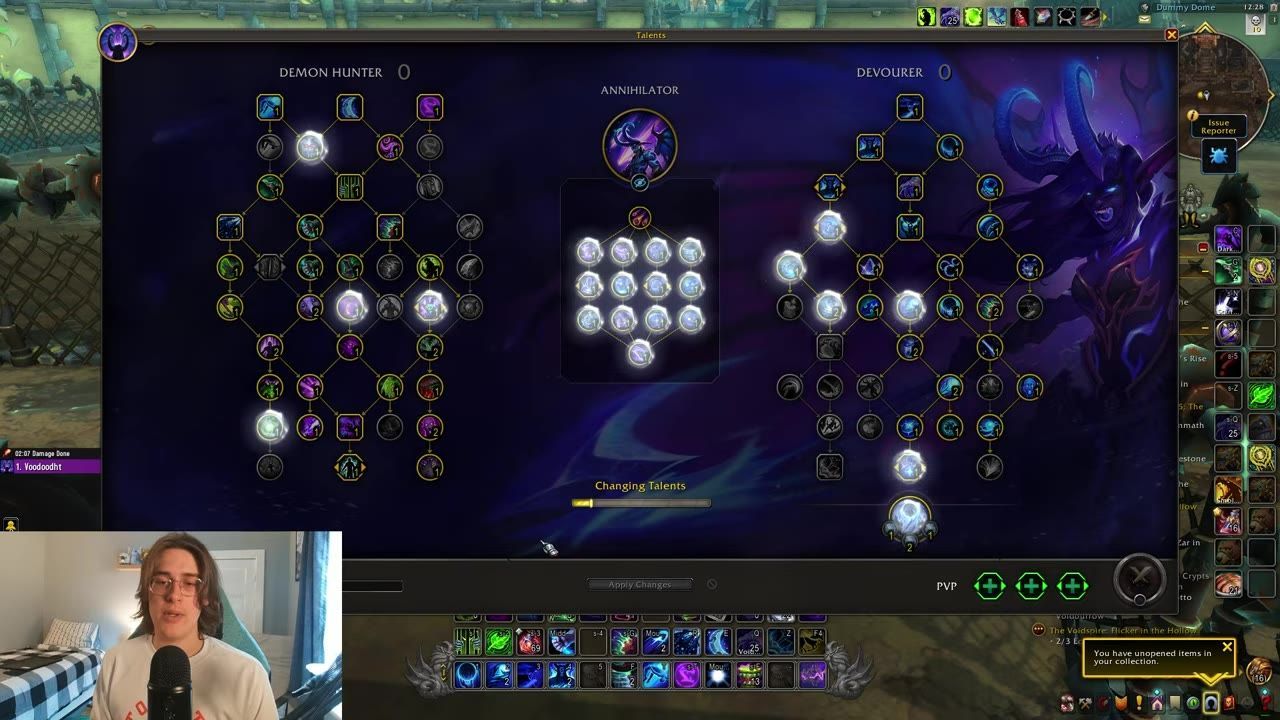 Game screen showing talent trees for Demon Hunter specialization, with middle Annihilator tree for single target builds highlighted.