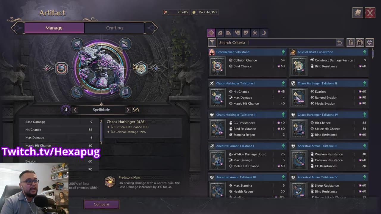 Artifact and stone configuration menu displaying the Chaos Harbinger set and related stones.
