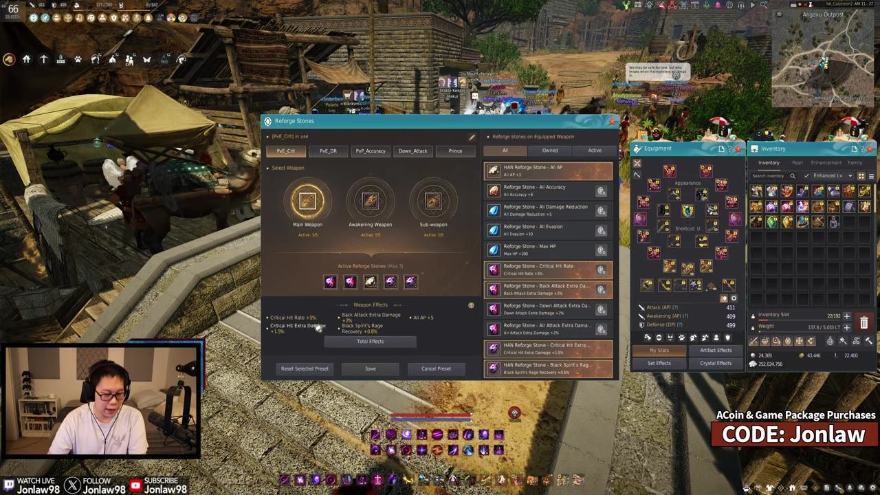Game interface showing reforge stones for a PvE setup in inventory and equipment screens.