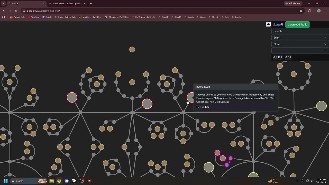 Skill tree interface highlighting the Bitter Frost node and its tooltip description.