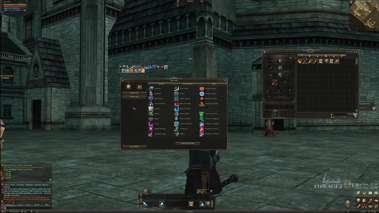 Game interface showing the buff book with options and profiles for equipment.