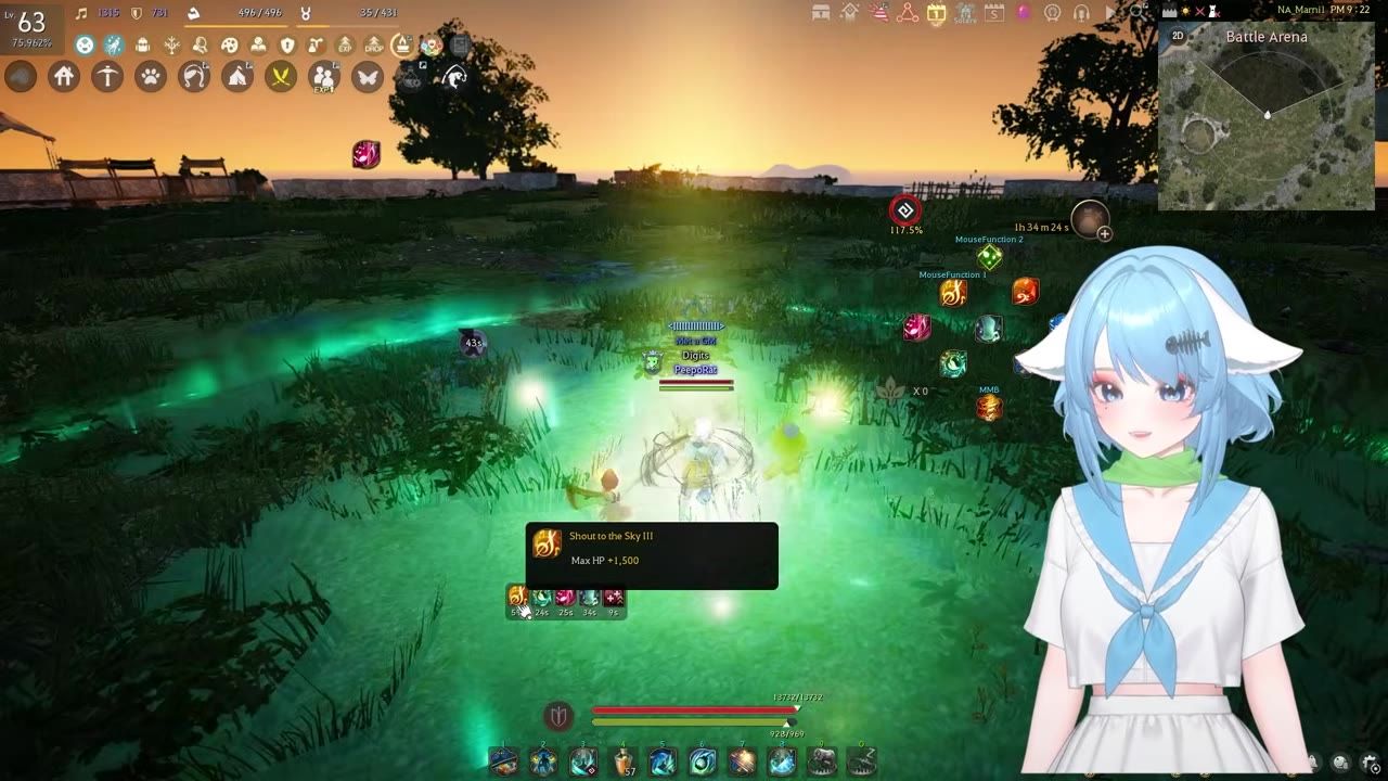 A game character stands in a glowing green area with a buff tooltip visible, action icons across the bottom, and a minimap in the top right.
