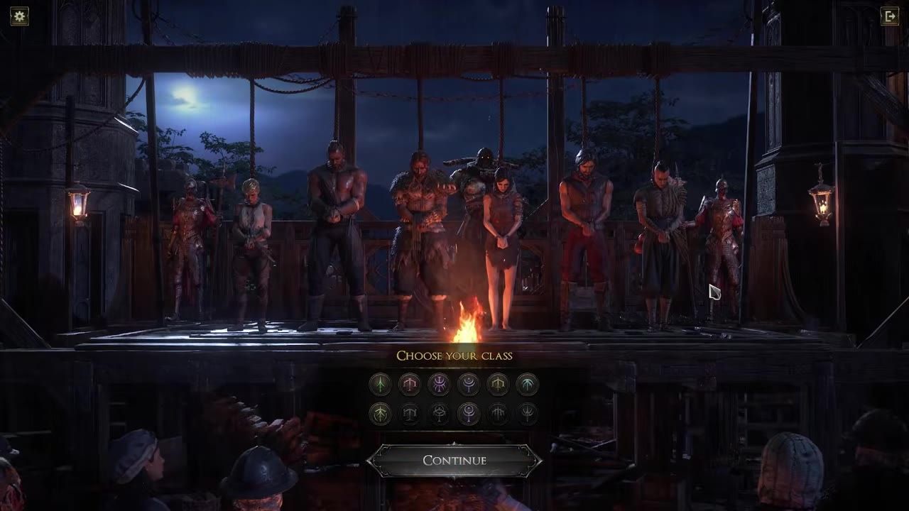 Character class selection screen showing different characters and class options.