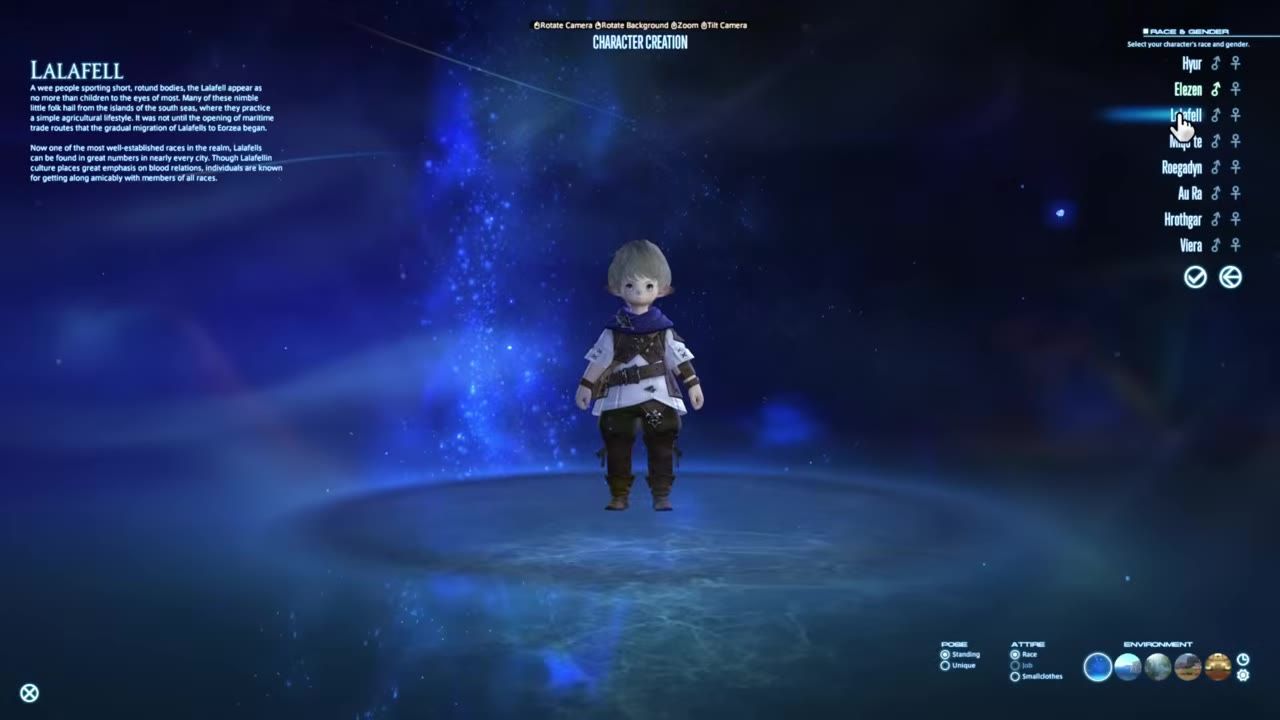 Character creation screen showing race options with a selected Lalafell character.
