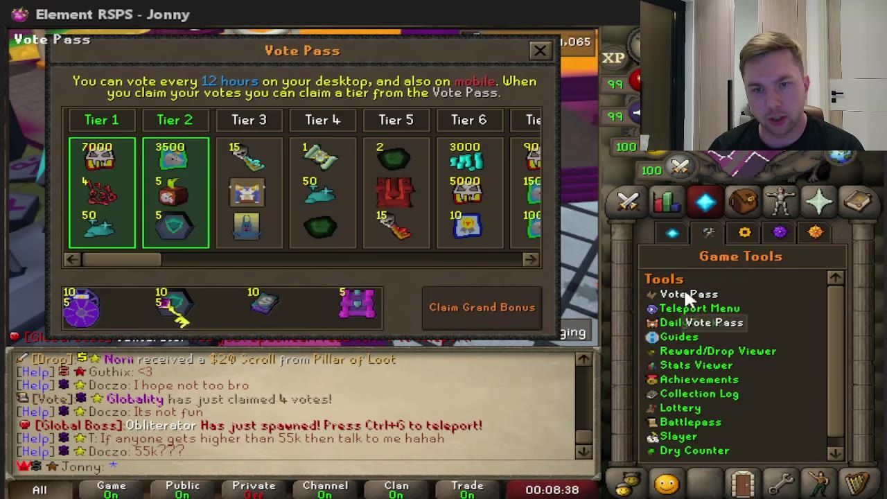 Interface showing voting rewards in a video game with several menu options visible.