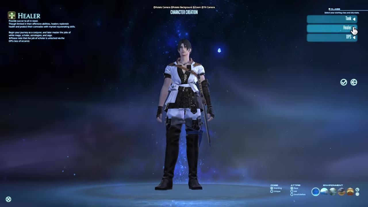 Character creation screen showing a character model and class selection buttons.