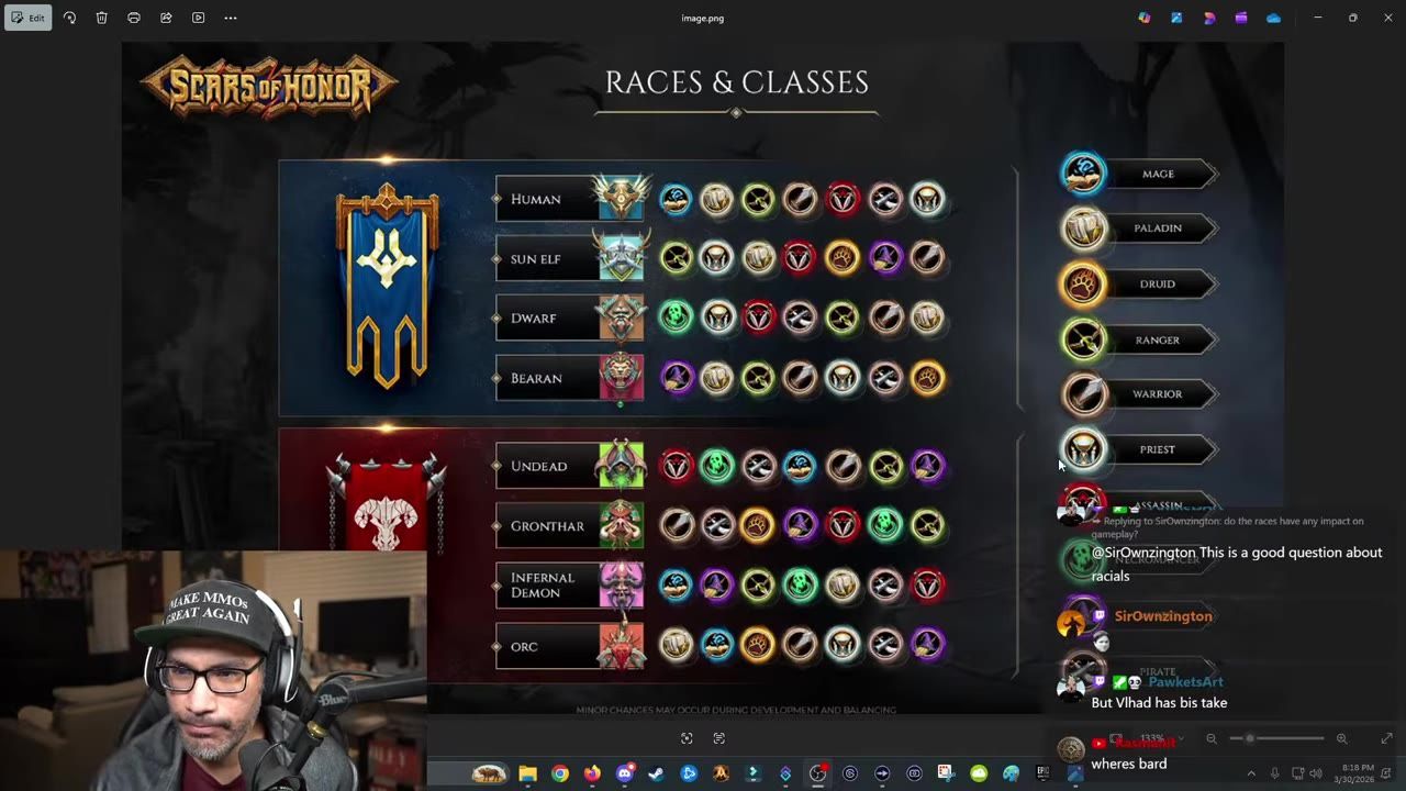 A detailed race-class combination chart from a game, showing different races and their allowed classes.