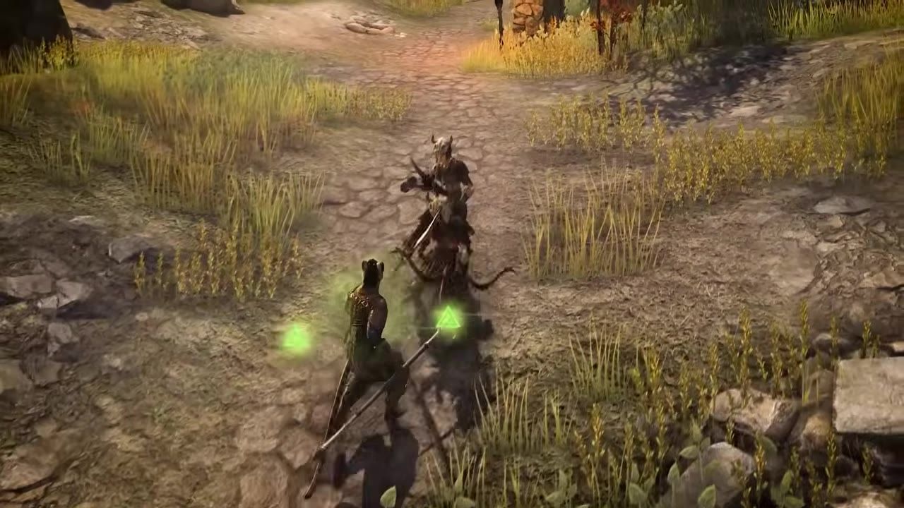 Two characters engaging in combat with a staff and swords on a forest path.