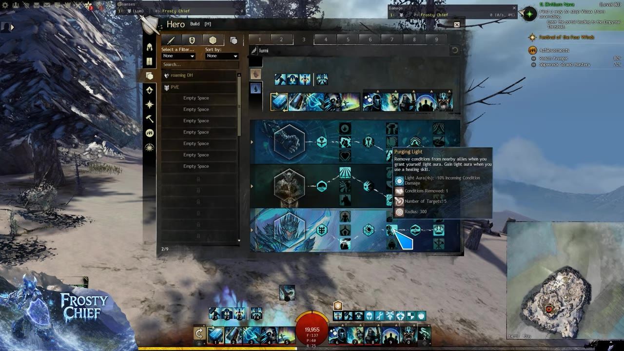 Character interface showing traits and abilities, highlighting 'Purging Light' ability with description.