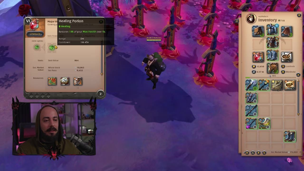 Game interface showing inventory menu with healing potions and other items, along with a character and background elements.
