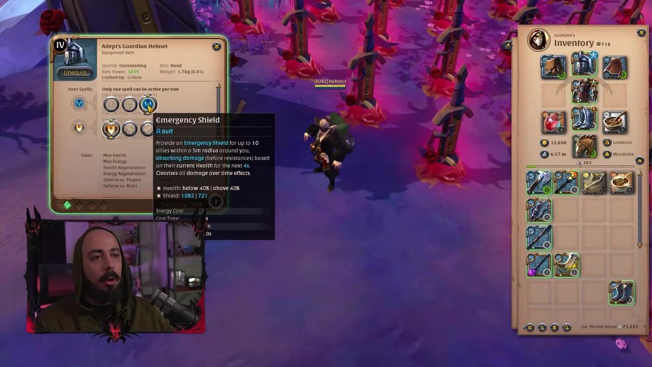 Game screen showing player inventory with equipment details and Guardian Helmet highlighted.