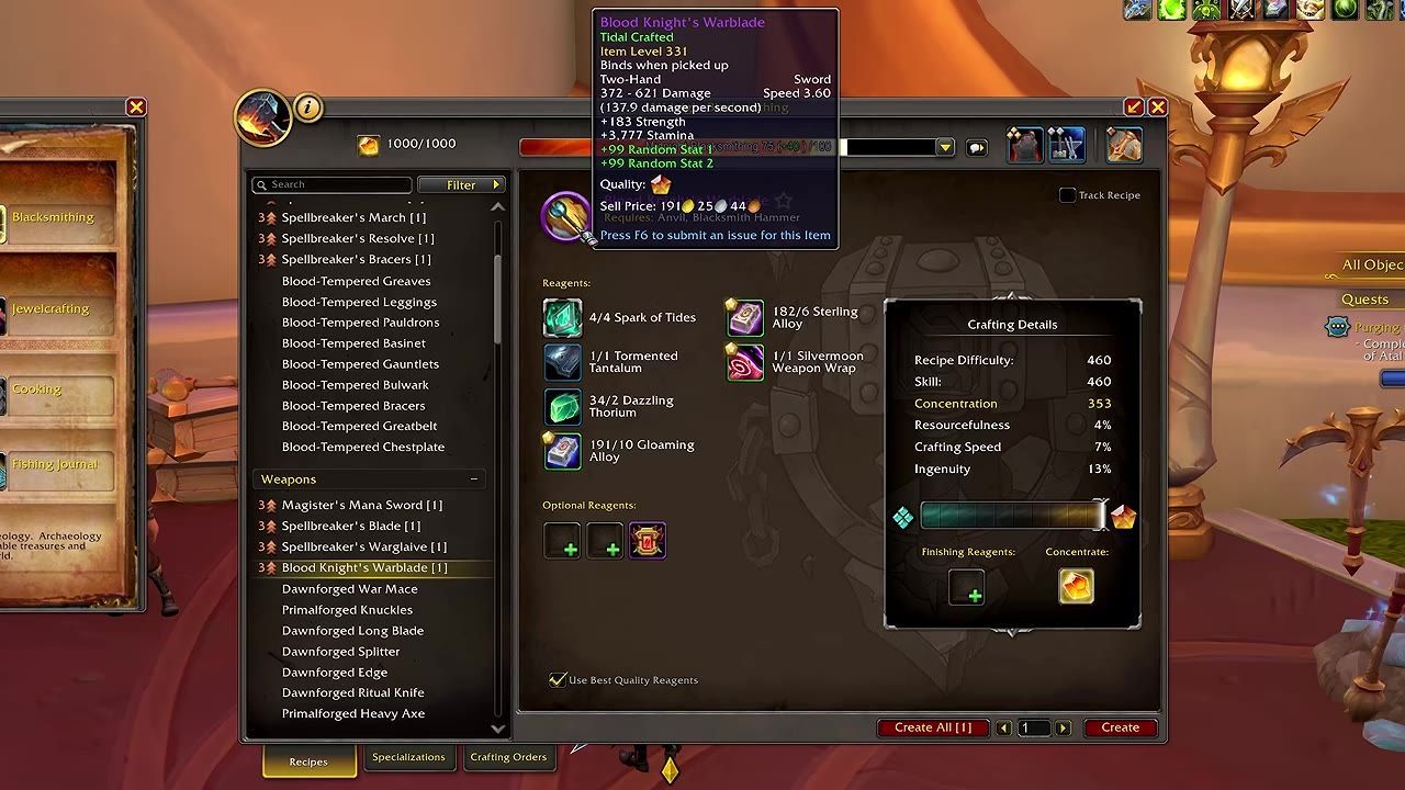 A crafting menu with item level 331 gear highlighted, showing detailed crafting options and required materials.