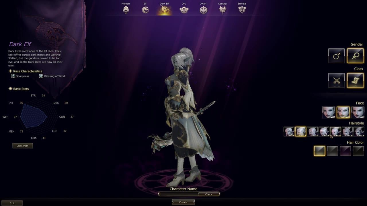 A character creation interface showing race options, customization features, and a preview of the character.